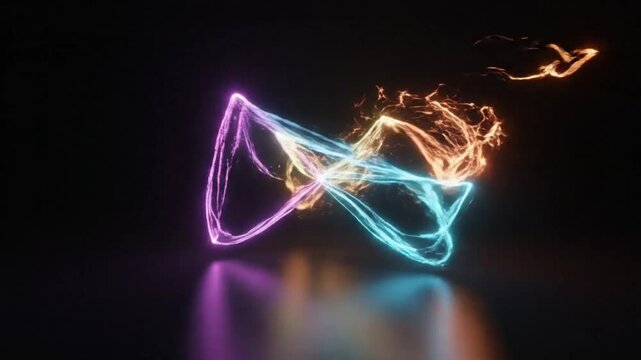 Abstract futuristic neon bow tie animation with colorful energy streaks moving in a dark background
