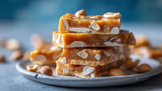 A stack of peanut brittle bars on a plate with scattered nuts around