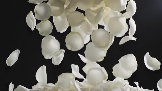 Falling Petals: A cascade of delicate white rose petals gracefully descends, creating a scene of ephemeral beauty, symbolizing purity and serenity. 