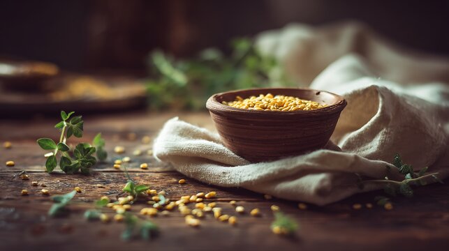 A bowl of grains on a wooden table with a cloth and herbs