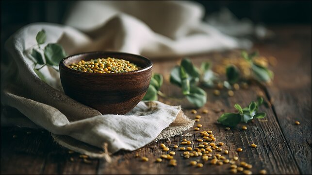 A wooden bowl filled with bee pollen on a rustic table with green leaves