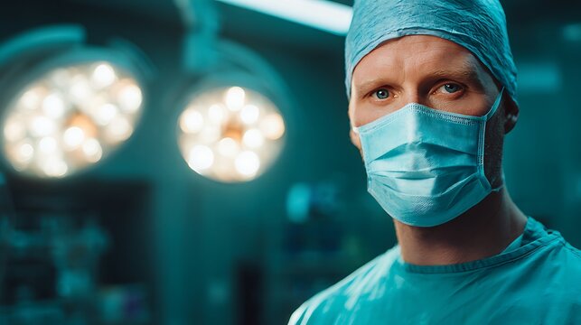A surgeon wearing a surgical mask and cap in an operating room