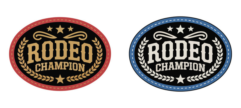 Rodeo champion cowboy label belt buckle vector design, old west oval emblem with vintage western style for ranch branding, apparel graphics, retro badge, and rustic signage