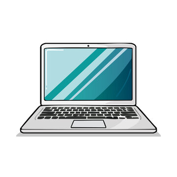 Hand drawn cartoon illustration of an open laptop computer with a blank screen