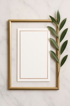 Goldener Rahmen mit wei&szlig;er Blankokarte und feinem Linienrand neben gr&uuml;nem Olivenzweig auf hellem Marmor als elegantes Mockup Generative KI