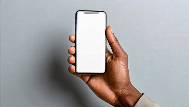 Main ethnique tenant un smartphone avec &eacute;cran blanc avec arri&egrave;re plan de bureau	