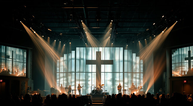 Modern church stage with band and glowing cross, dramatic lighting and wide composition; cinematic worship concept for faith events, concerts, media content, and inspirational religious campaigns