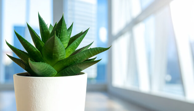 Close-up of a healthy green succulent plant in a white pot by a bright window