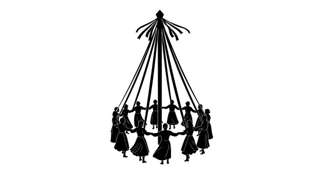 May Day Maypole dance, traditional folk illustration, black silhouette, vector graphic Vector