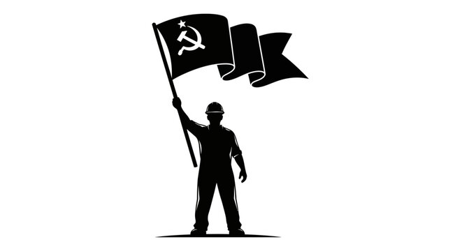 May Day Revolutionary man holding communist flag, socialist symbol, black silhouette, protest icon, activism vector Vector