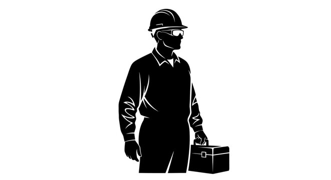 May Day Industrial worker, laborer, engineer, black silhouette, hard hat, toolbox Vector