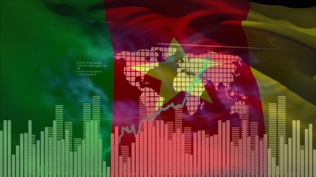 Animation of financial data processing and green line over flag of cameroon