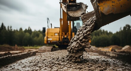 Fototapeta premium Heavy machinery pours wet concrete onto a construction site, creating a foundation