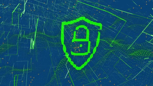 Animation of digital shield with padlock on blue background