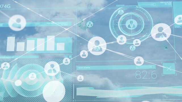 Animation of network of connections with icons and data processing over sky with clouds