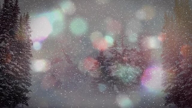 Animation of bokeh and snow falling over winter forest