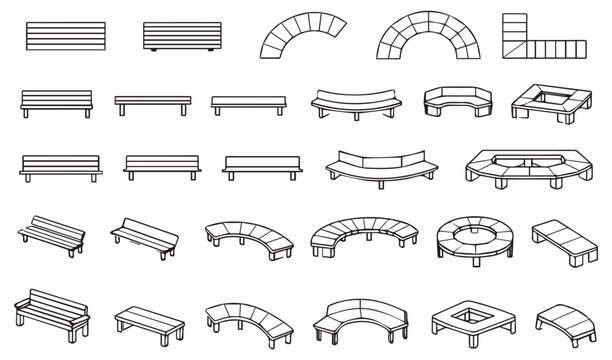 Set of outdoor furniture CAD blocks, isometric and plan view of park benches, street furniture vector icons for architectural landscape design.