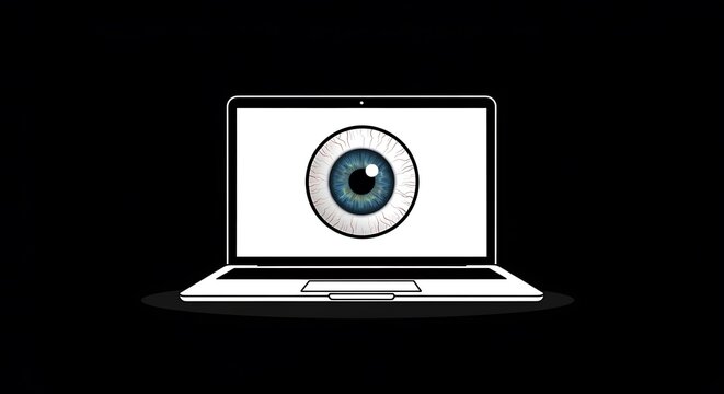 Laptop displays a watchful eye against a dark background, symbolizing surveillance