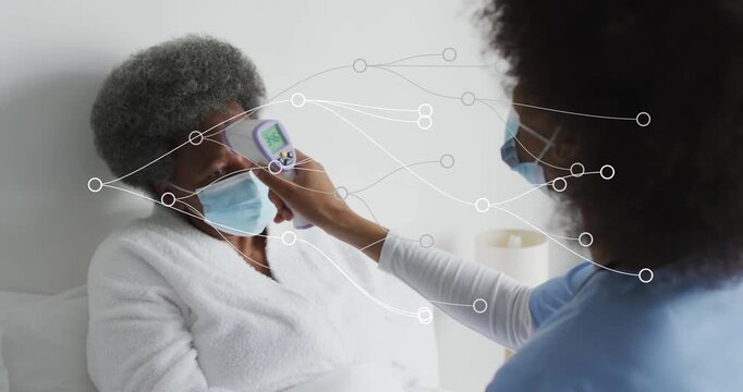 Animation of dots forming abstract pattern over female nurse checking temperature of patient