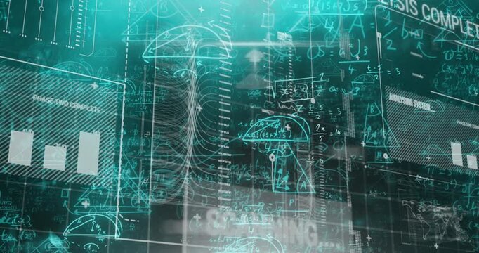 Animation of data processing with mathematical equations on black background
