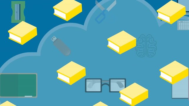 Animation of school items icons over clouds on blue background