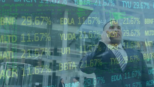Animation of stock market data processing over african american businessman talking on smartphone