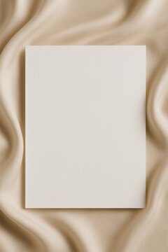 Wei&szlig;e Blankokarte auf champagnerfarbenem Satinstoff mit weichen Falten als elegantes minimalistisches Papeterie Mockup Generative KI