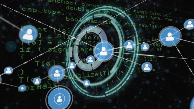 Animation of circles and connected icons over programming language against connected dots