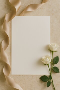 Wei&szlig;e Blankokarte auf beigem Hintergrund mit cremefarbenem Satinband und wei&szlig;en Rosen als elegantes Hochzeitsmockup Generative KI