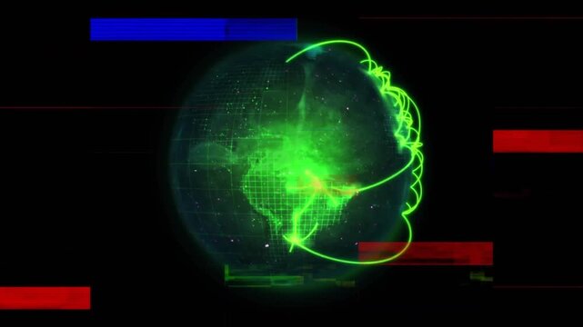 Animation of glitch effect against glowing green light trails on spinning globe on black background