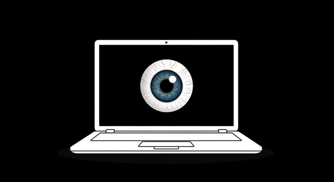 Open laptop screen displays a large, realistic eye against a black background