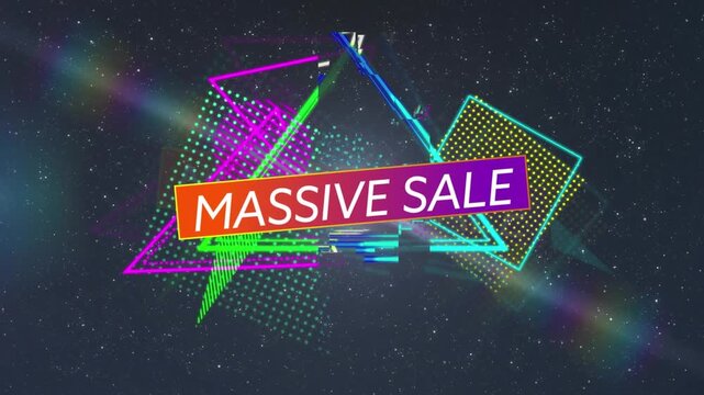 Animation of massive sale text banner and colorful shapes against space in background