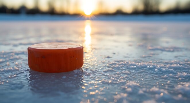 Orange puck rests on frosted ice at sunset, reflecting golden light