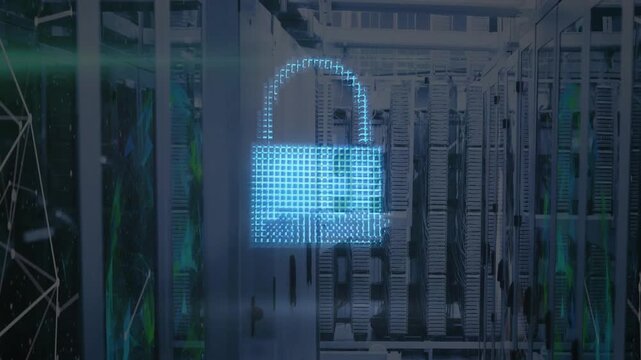 Animation of padlock icon and data processing over computer serves