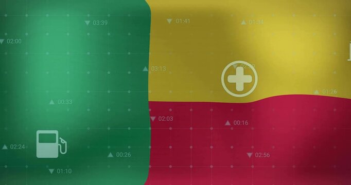 Animation of graphs, data and energy icons over flag of benin