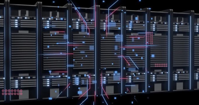 Animation of digital data processing and circuit board over computer servers