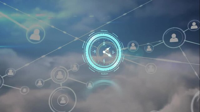 Animation of moving clock and network of connections with icons over clouds on sky