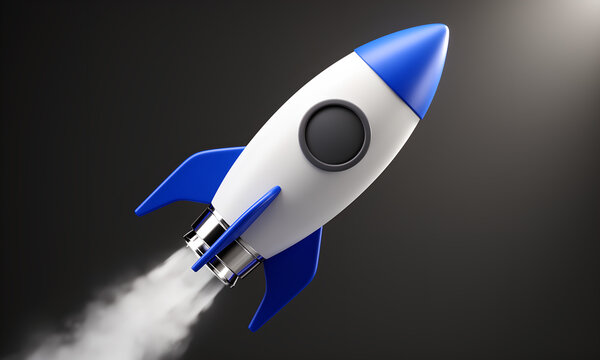 White and blue 3D cartoon rocket launching upwards with smoke trail, symbolizing business growth.