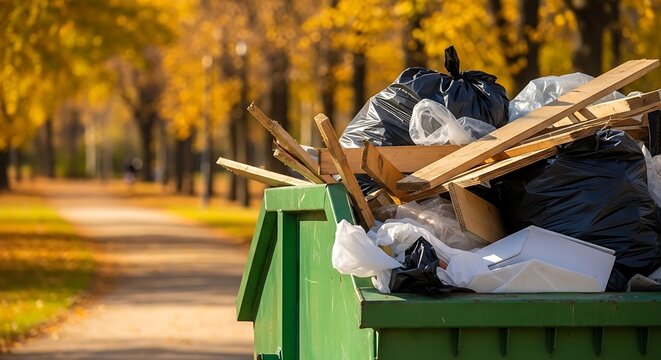 Overfilled dumpster overflowing with trash and debris in an autumn park