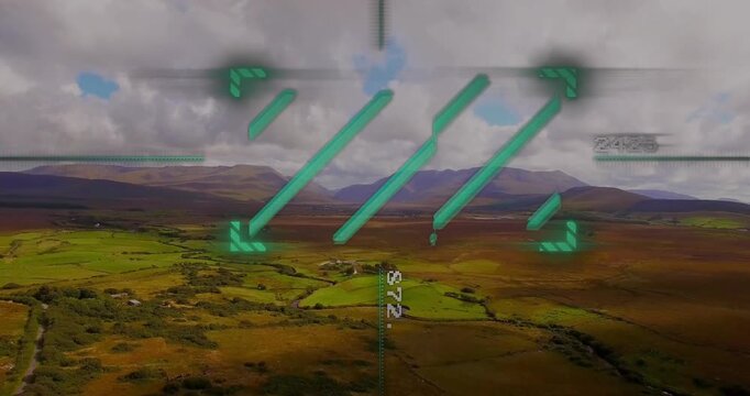 Digital interface overlay with data and green graphics in aerial landscape animation