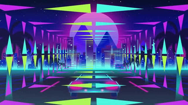 On scene start neon corridor advancing over glowing grid shapes pulsing leading into magenta sun