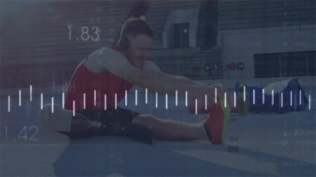 Sports prosthetic-leg athlete stretching hamstring on track activating dynamic waveform or line grap