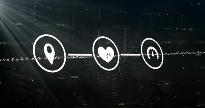 Beam sweeping starting map pin sliding in, heart and gauge icons pulsing waveform visualizing data