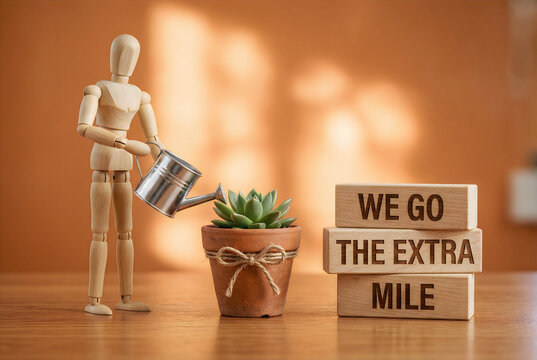 Mannequin watering a succulent next to "we go the extra mile" blocks with a wooden mannequin