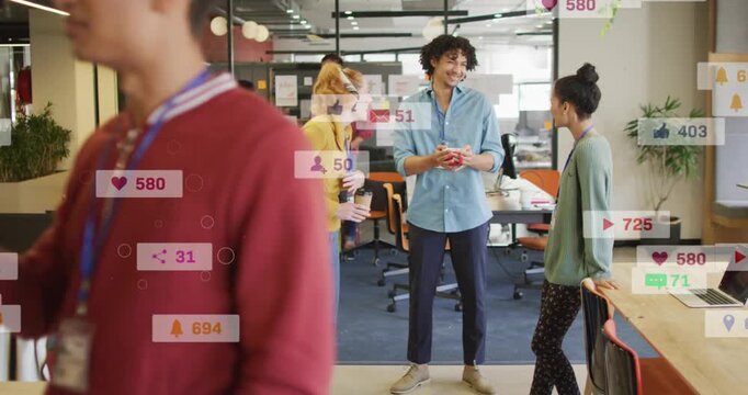 Team of three chatting during break in business office, notifications popping and floating over mug