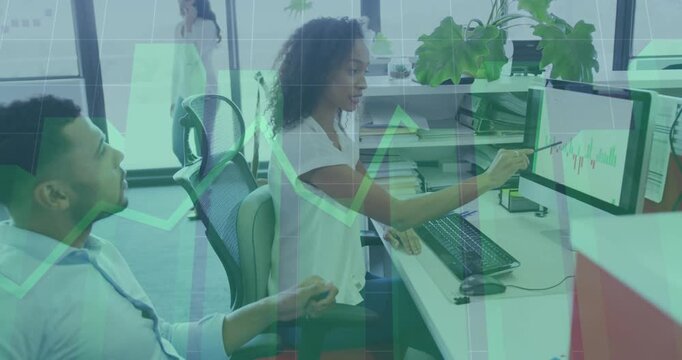 Seated woman pointing chart and causing green grids and arrows, man listening and talking finance