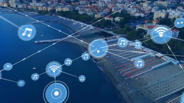 Glowing marker appearing over coast network expanding connecting Wi-Fi and music nodes mapping