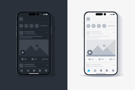 Vector Illustration of iPhone 16 Pro Max Smartphone Mockup with Social Media App Interface Template in Dark and Light Mode, Mobile UI UX Design Wireframe for Professional Networking Feed Screen