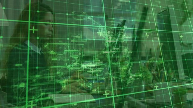 Vertical video: Woman typing, camera panning, green HUD tracking monitors for workflow review