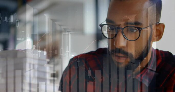 Man spotting model, leaning forward, inspecting sheets for finance review with charts overlaying